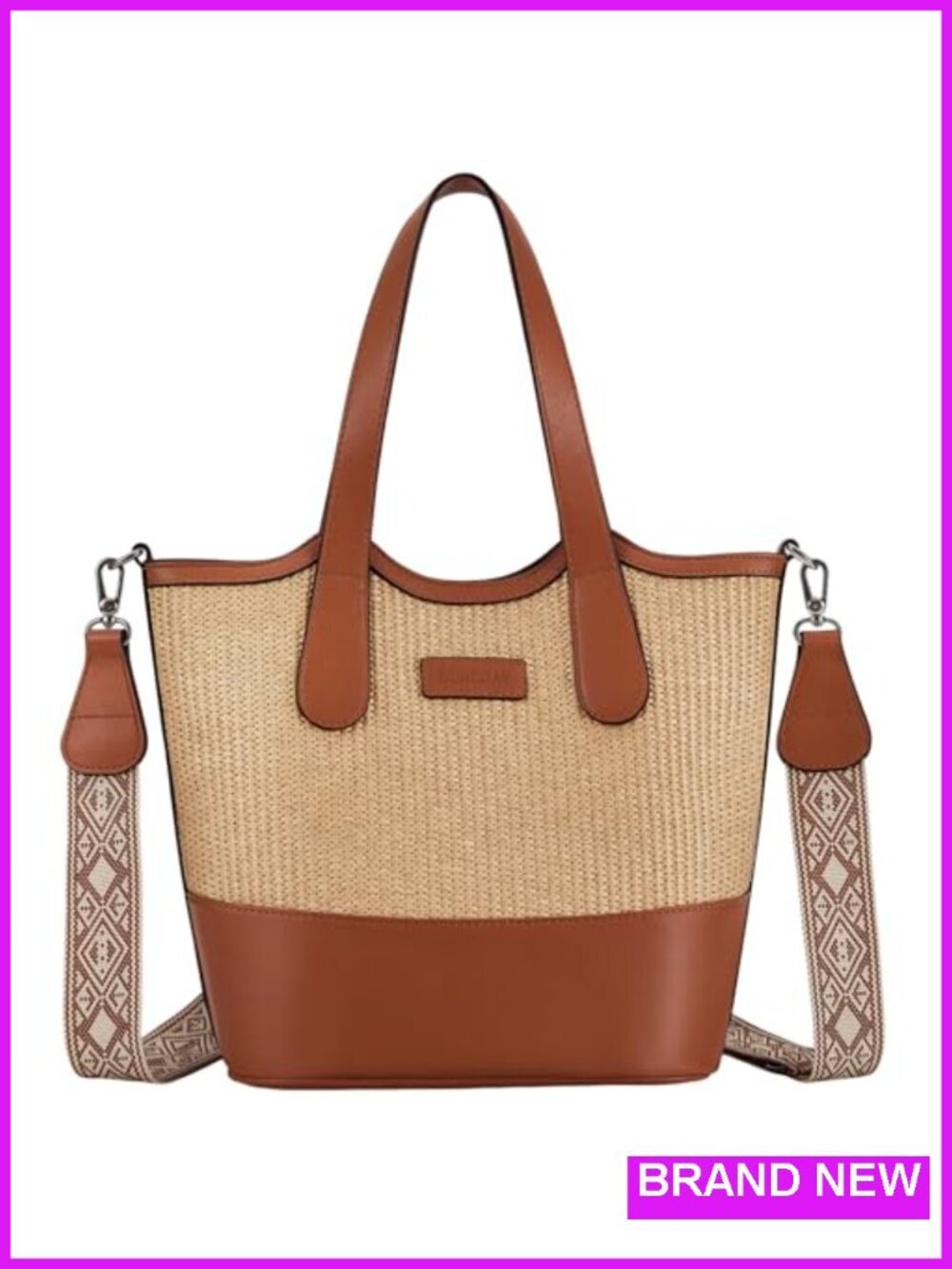 Straw & Vegan Leather Bucket Bag Crossbody Tote